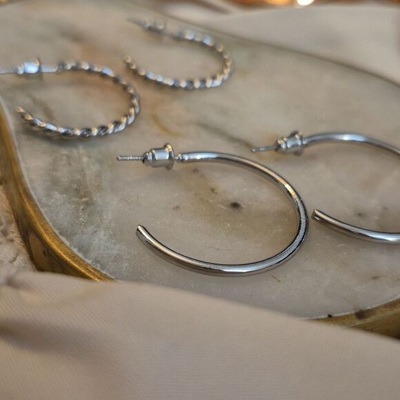 Silver Tone Hoop Earrings Set Of 2 - 2in Flat 2in Twist - Picture 1 of 6